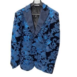 Giovanni Testi Men's 38R Tetron 2 Button Sports Coat Sequins Prom Blue Blazer